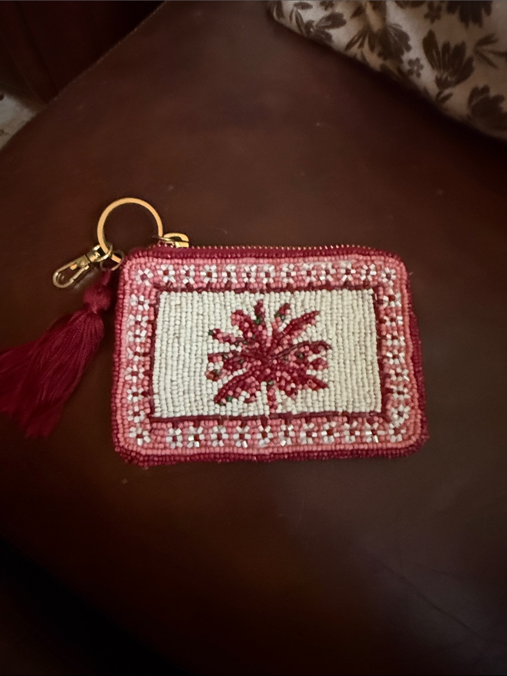 Anthropologie Fiona Beaded Floral Coin Purse Wallet Pink/White NWT